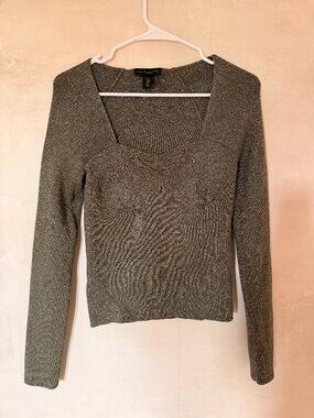 House of Harlow 1960 Sparkle Balcony Top – Olive Green Shimmer Knit Sweater, Siz